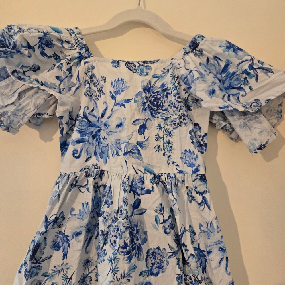 Next Girls Blue White Floral Puff Sleeve Cotton Dress Cutout Back 4Y 104cm‎ - Picture 3 of 8